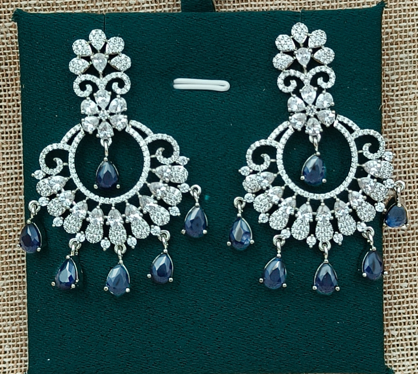 Delicate Silver-Plated American Diamond Earrings with Blue Sapphire Drops