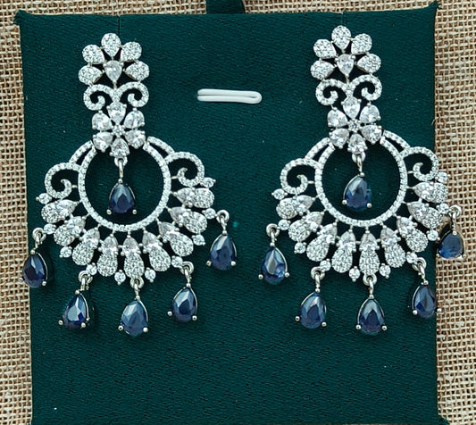 Delicate Silver-Plated American Diamond Earrings with Blue Sapphire Drops ear00 209s