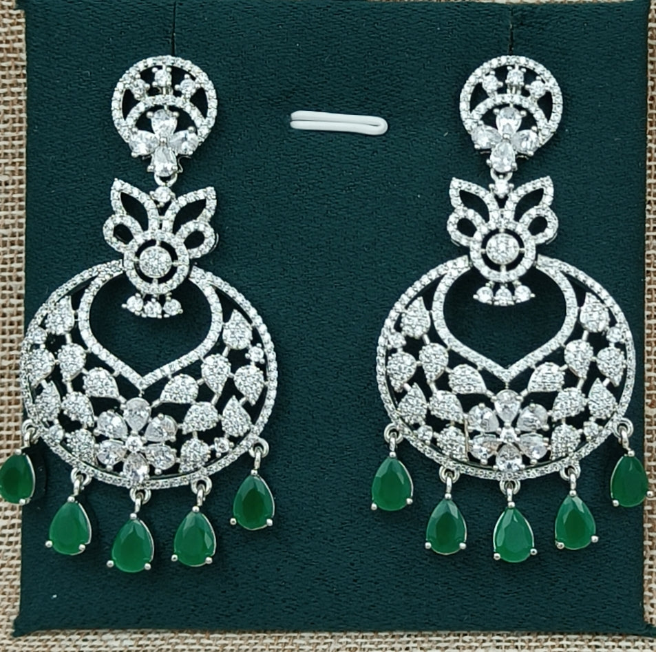 DIAMOND STUDDED SILVER CHAND EARING N EMERALD DROPS