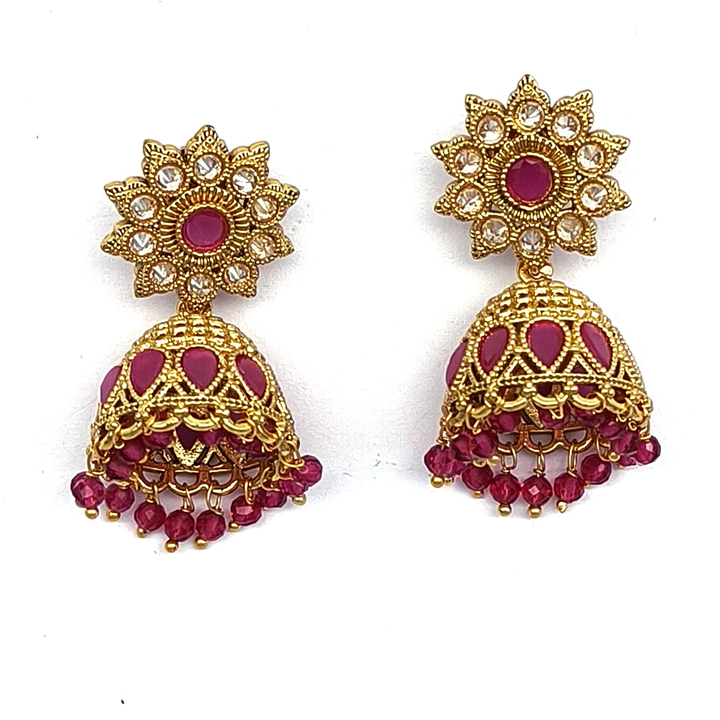 GOLD SHORT JHUMKIS WITH RUBY STONE AND DROPS