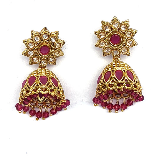 GOLD SHORT JHUMKIS WITH RUBY STONE AND DROPS