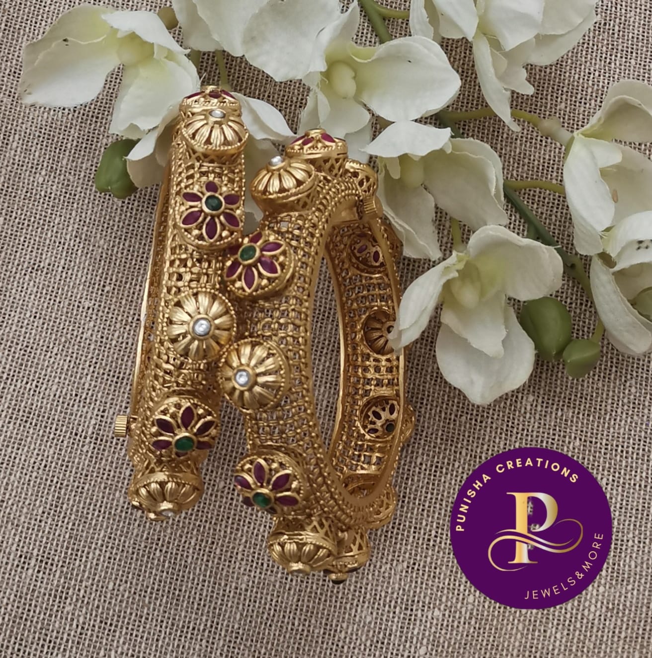 Traditional Gold-Plated Kada Bracelets with Ruby and Pearls | Punisha Creations