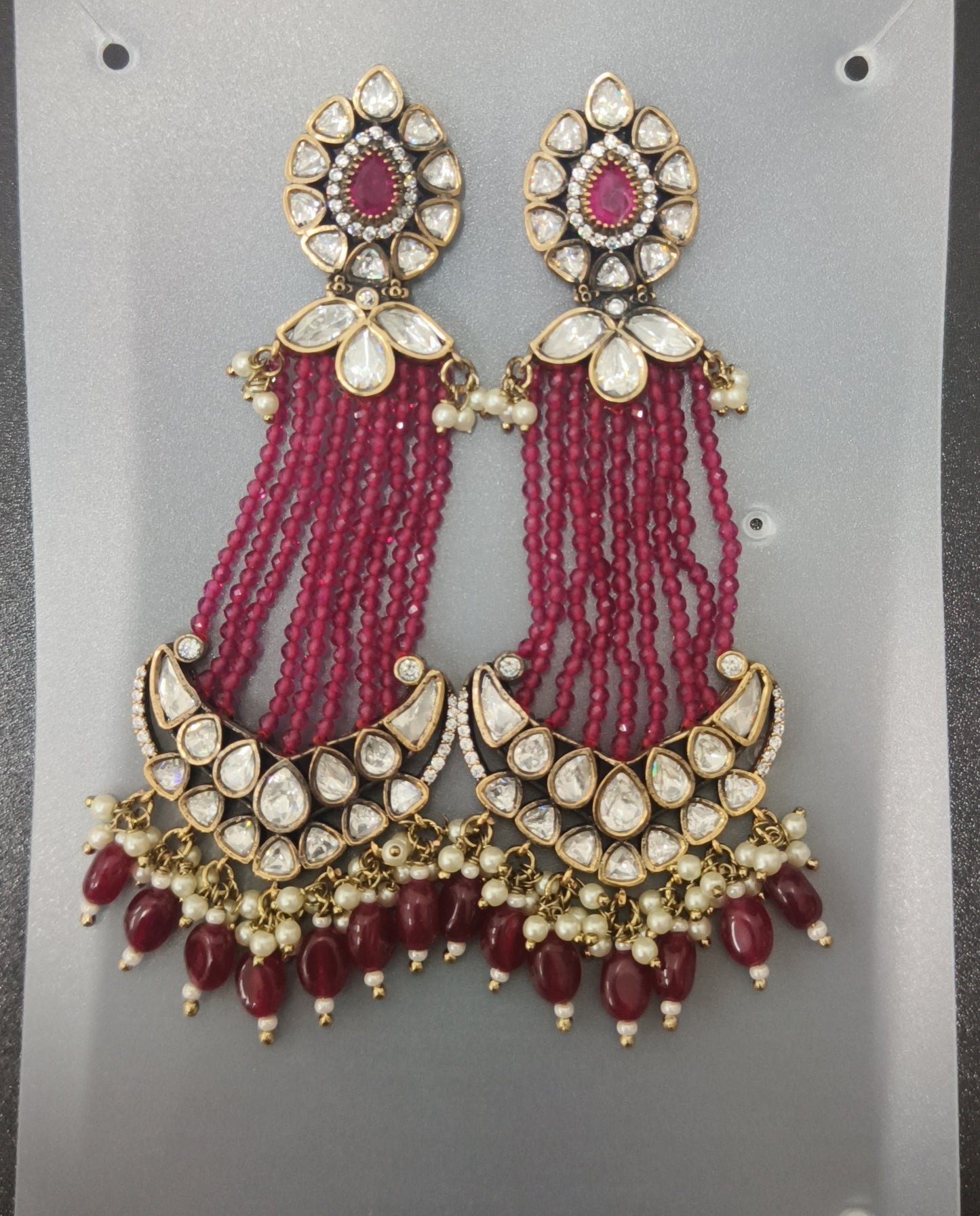 Ear25 14s Maharani Polki & Ruby Bead Cascade Chandbali Earrings