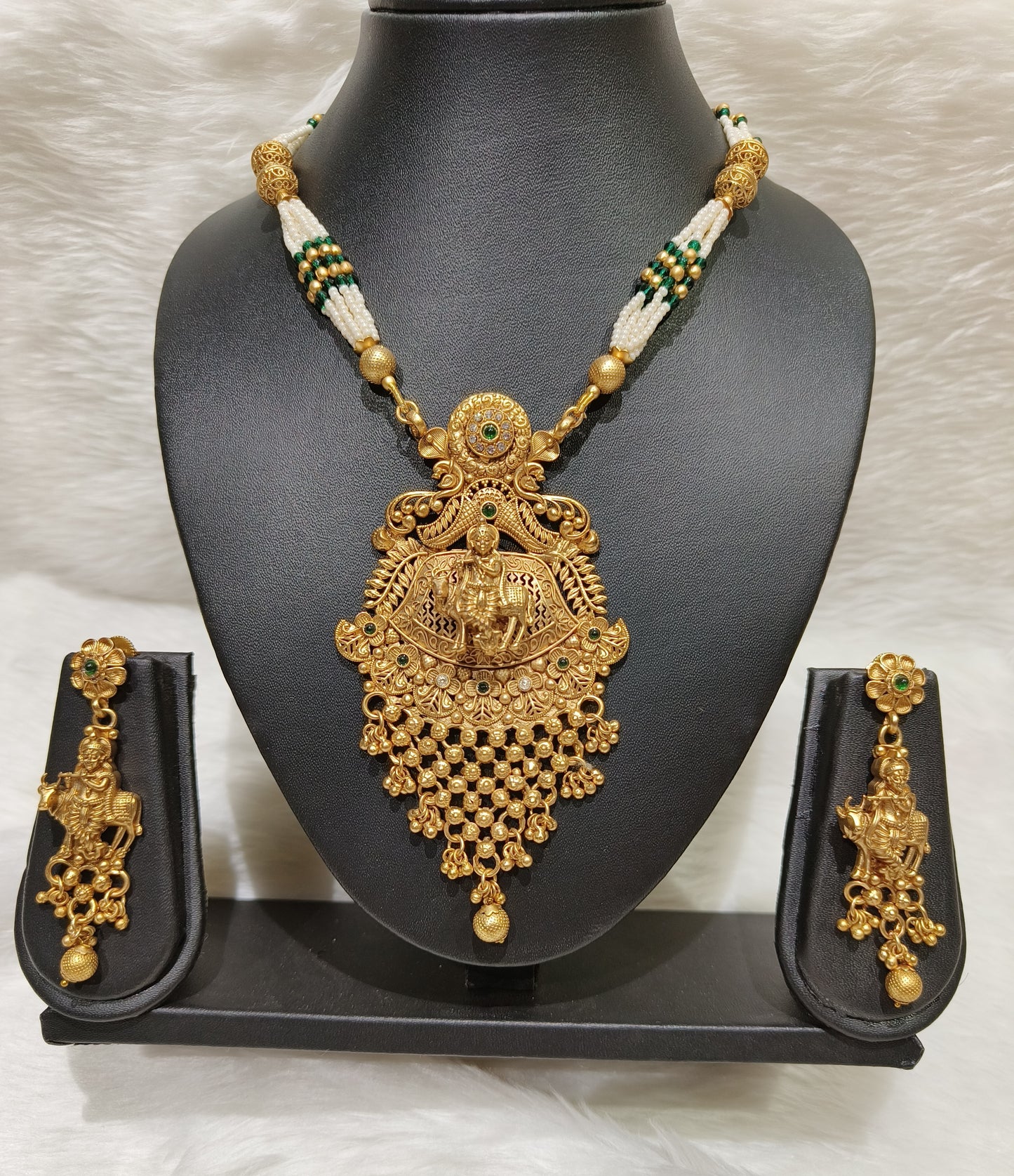 Punisha"s Antique Gold Krishna Temple Jewelry Necklace with Green Beads and Pearls