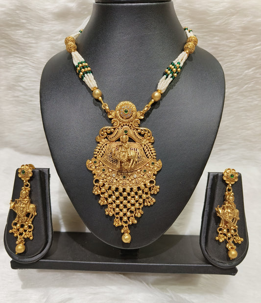 Punisha"s Antique Gold Krishna Temple Jewelry Necklace with Green Beads and Pearls nck00 100s