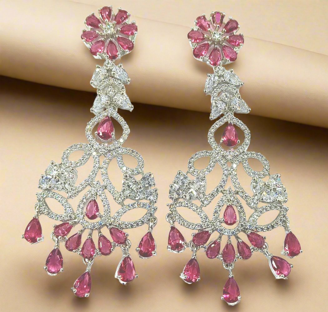 Punisha's Rhodium-Plated Earrings: American Diamonds & Ruby
