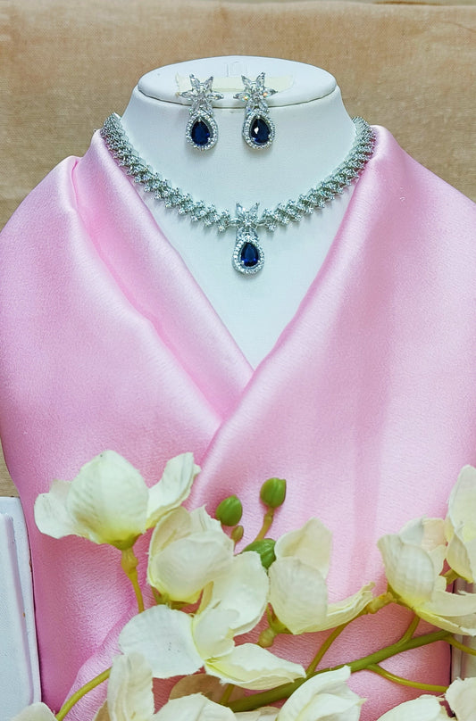 DIAMOND WITH BLUE DROP CHOKER SET IN SILVER