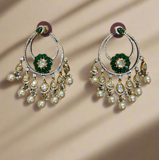 Ear25 53s Traditionaldamond earring with pachi kundan and pearl dangles