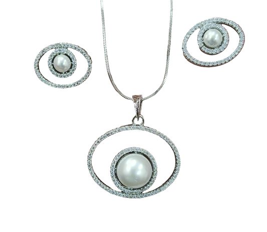 Cpds25 59 Timeless Grace: Rhodium-Plated Pearl Pendant Set