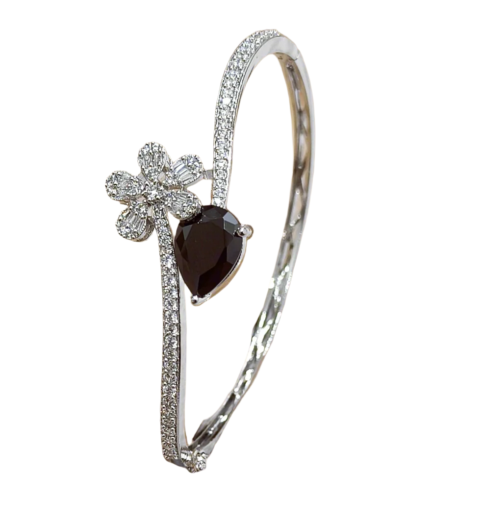 Brc25 98 Midnight Bloom Floral Diamond & Onyx Cuff Bracelet