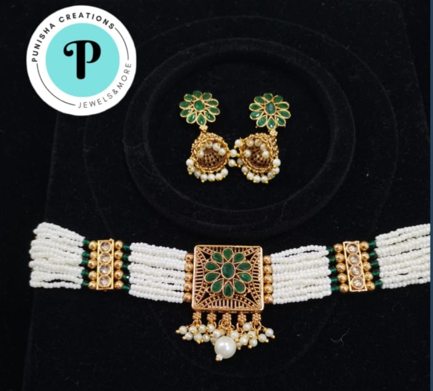 Green Kundan and pearl patwa choker necklace