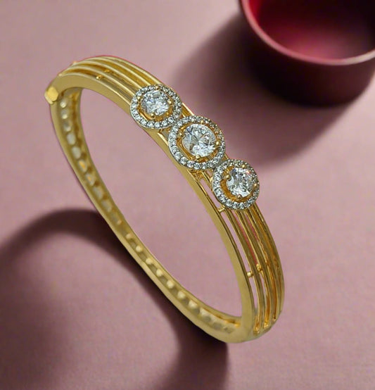 Brc25 196 Elegant Gold-Plated Trio Halo American Diamond Bangle Bracelet for Women & Girls