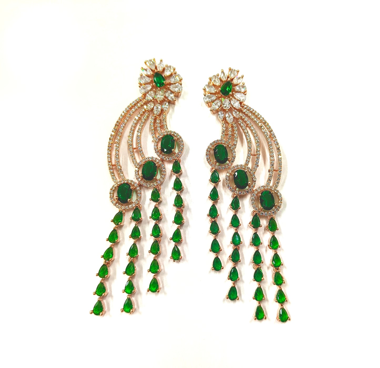 Rose gold American Diamond earrings with emerald drops