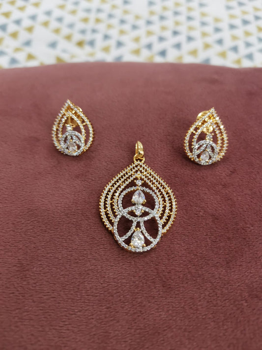 Pds25 58 Luminous Grace: Gold-Plated American Diamond Pendant & Earring Set