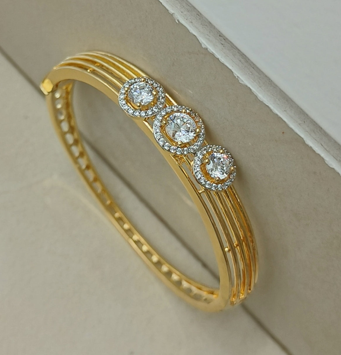 Brc25 196 Elegant Gold-Plated Trio Halo American Diamond Bangle Bracelet for Women & Girls