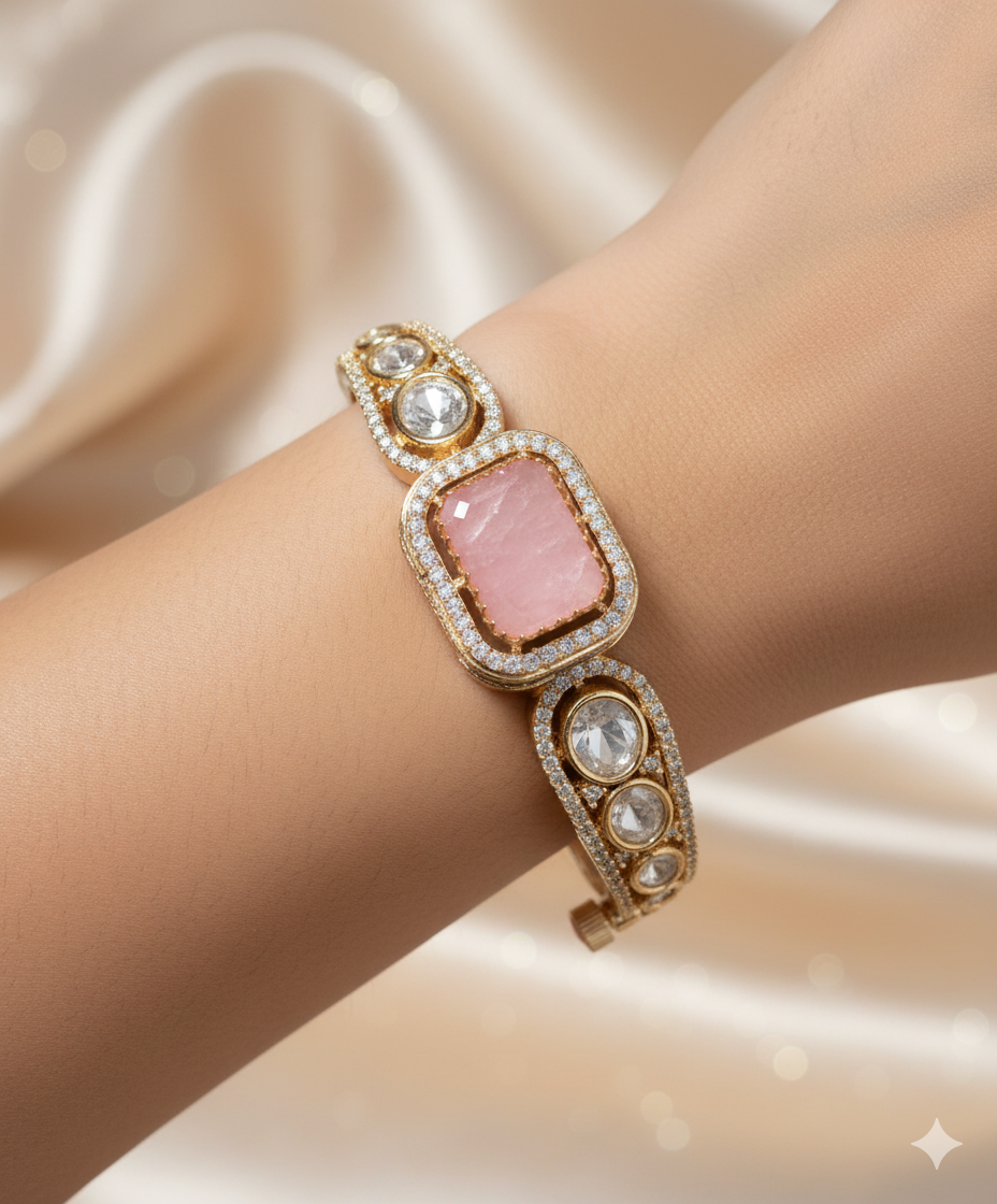 Brc25 219a Rosalind Blush Pink & Polki Statement Kada Bracelet
