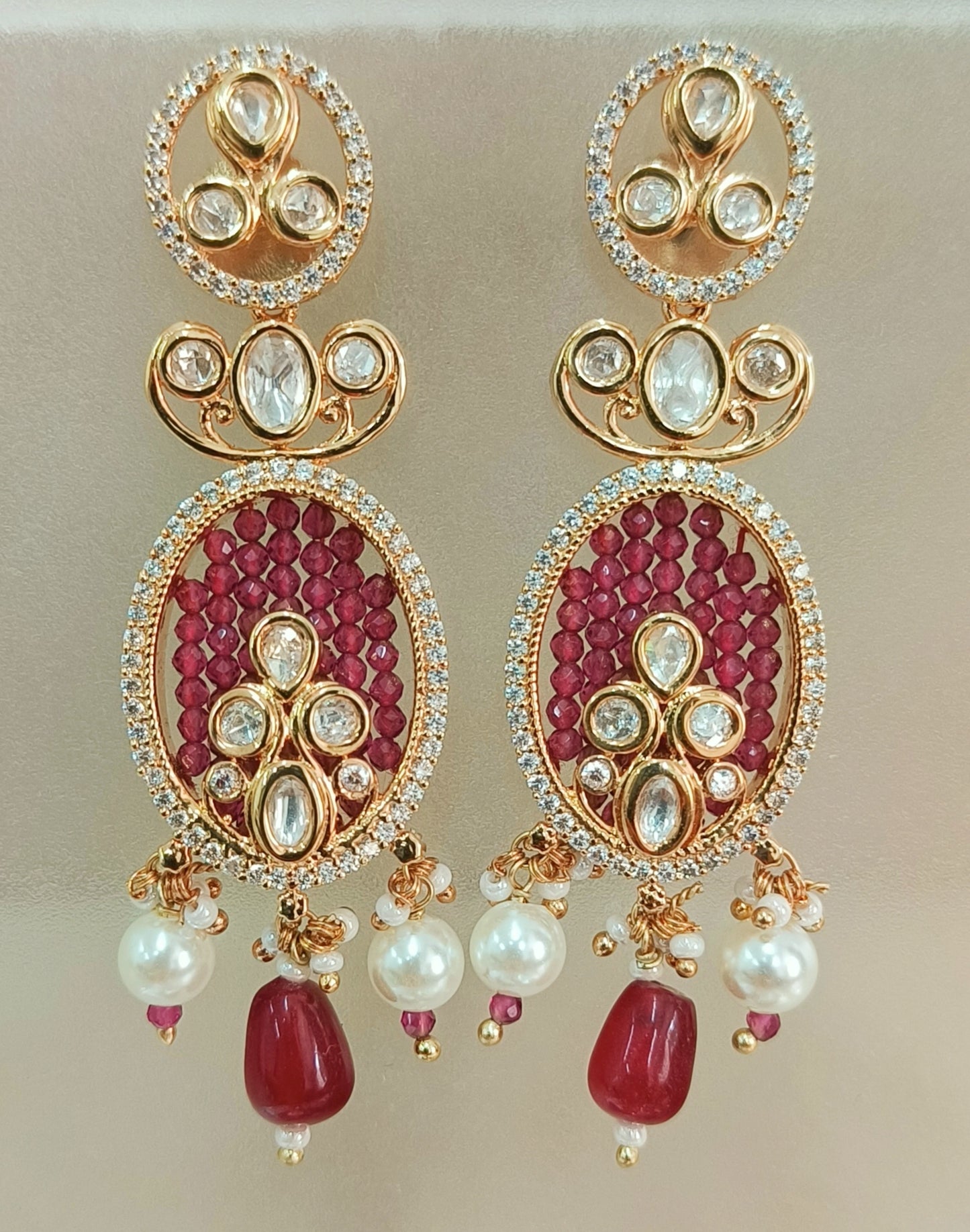 Ear25 206 Rhea Victorian-Style Ruby & CZ Statement Earrings with Pearl Drops