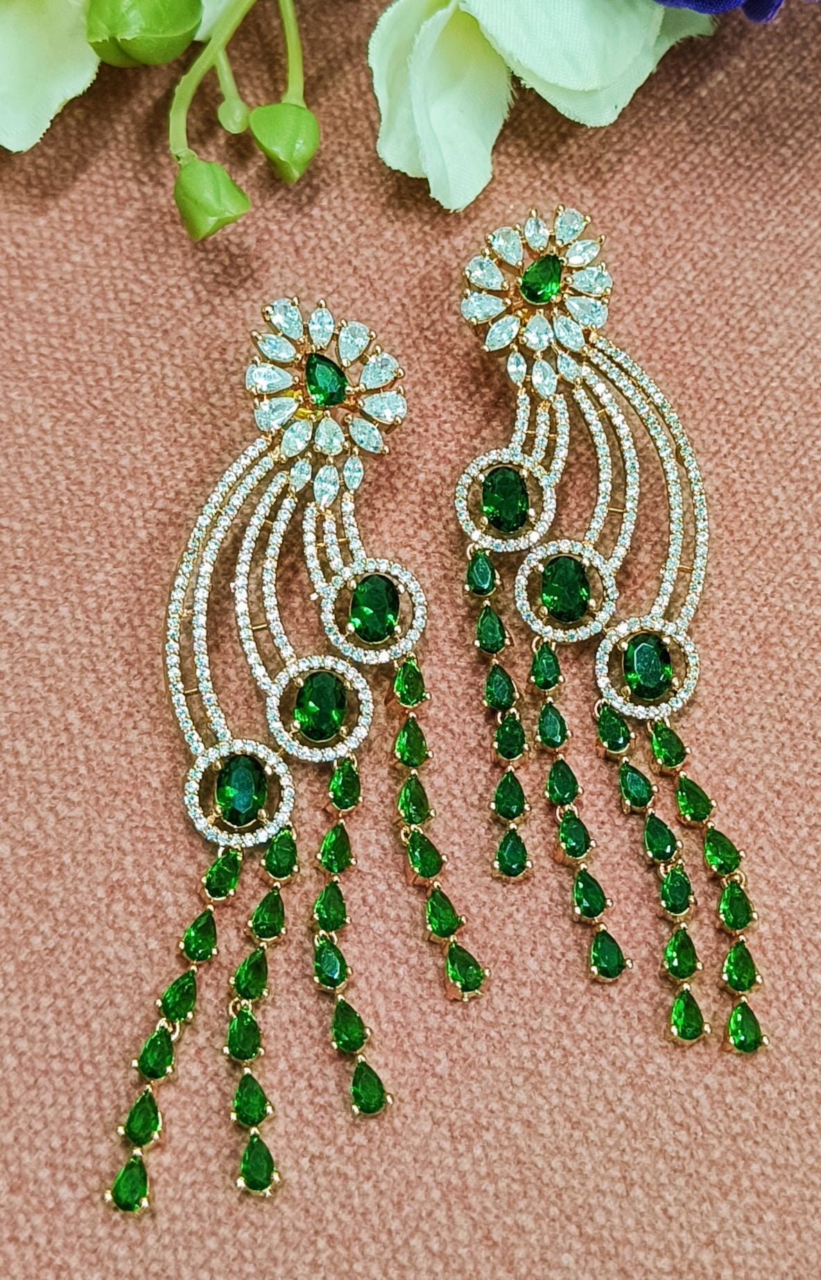 Rose gold American Diamond earrings with emerald drops