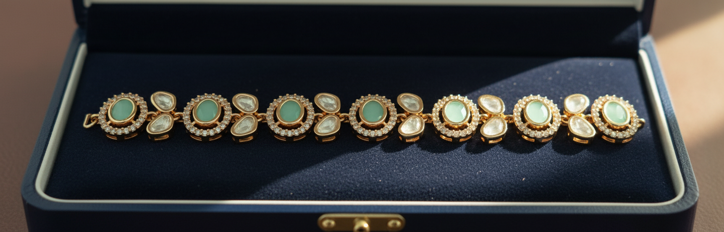 Polky kundan with AD n mint bracelets