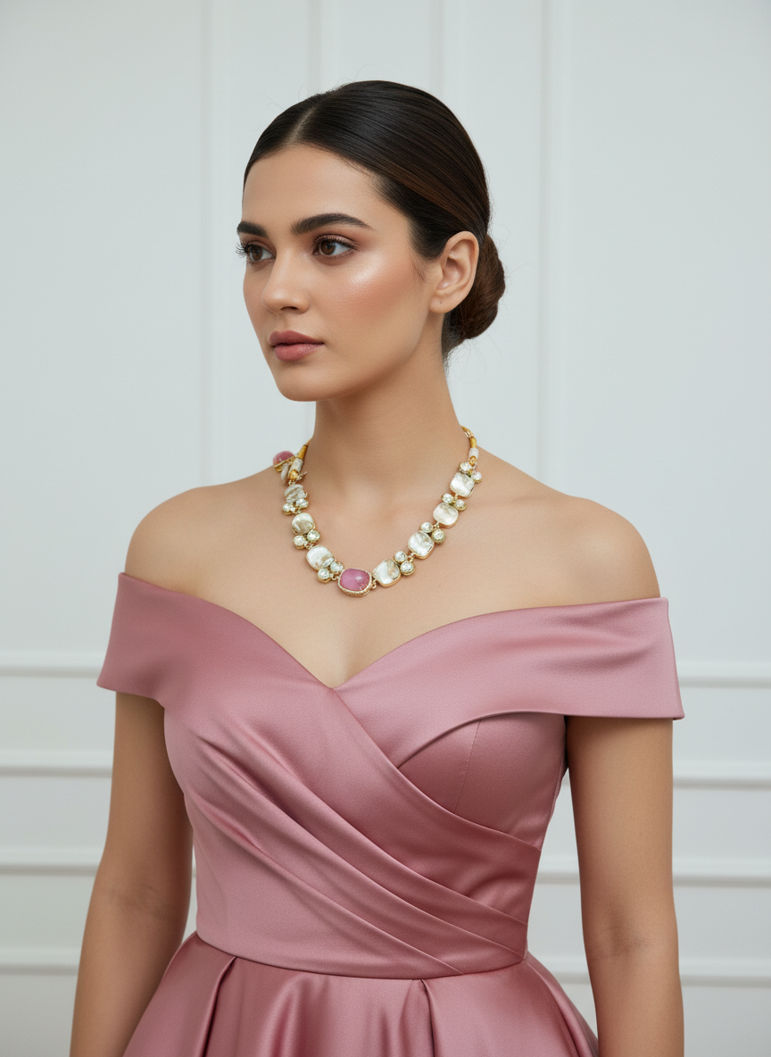 Nck25 268 Contemporary Baroque Pearl & Emerald Green Stone Necklace Set