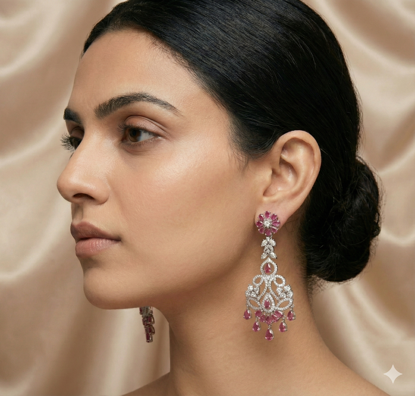 Punisha's Rhodium-Plated Earrings: American Diamonds & Ruby