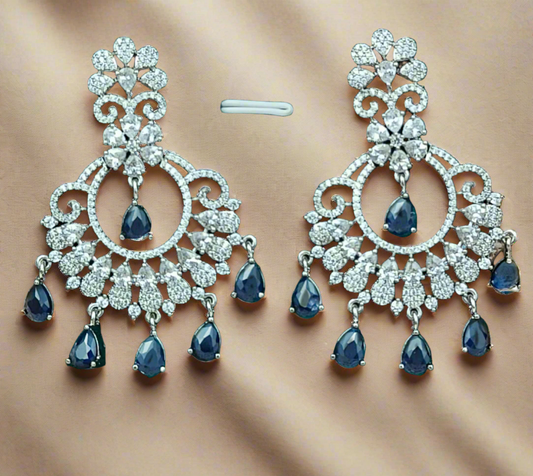 Delicate Silver-Plated American Diamond Earrings with Blue Sapphire Drops