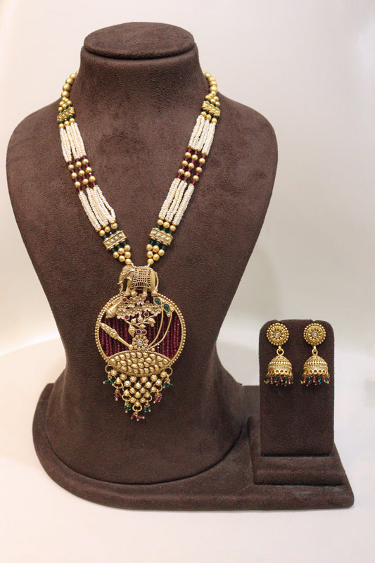 Pearl and Beaded Wedding Mala with Temple Pendant Set