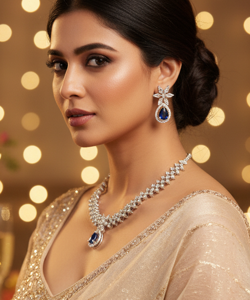 DIAMOND WITH BLUE DROP CHOKER SET IN SILVER