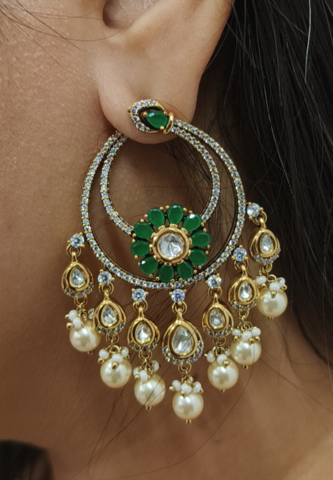 Ear25 53s Traditionaldamond earring with pachi kundan and pearl dangles
