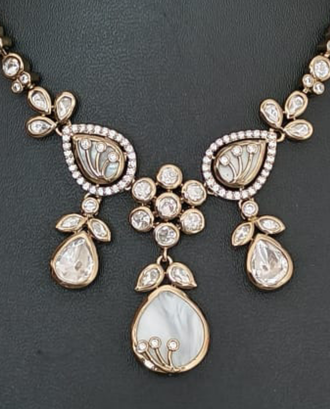 Nck25 244 Elegant Mother-of-Pearl & Polki-Style Drop Necklace Set