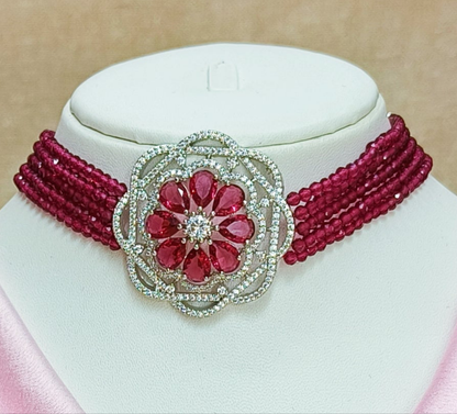 JADE AND RUBY BEADED SILVER CHOKER SET