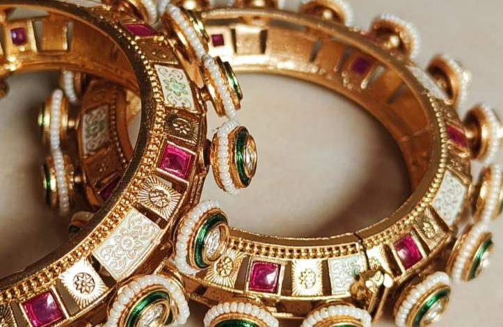 Elegant Rajwadi Gold Kada Bracelets with Meenakari and Kundan Work for Brides | Punisha Creations