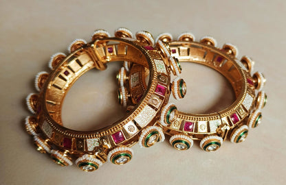 Elegant Rajwadi Gold Kada Bracelets with Meenakari and Kundan Work for Brides | Punisha Creations