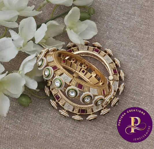 Elegant Rajwadi Gold Kada Bracelets with Meenakari and Kundan Work for Brides | Punisha Creations