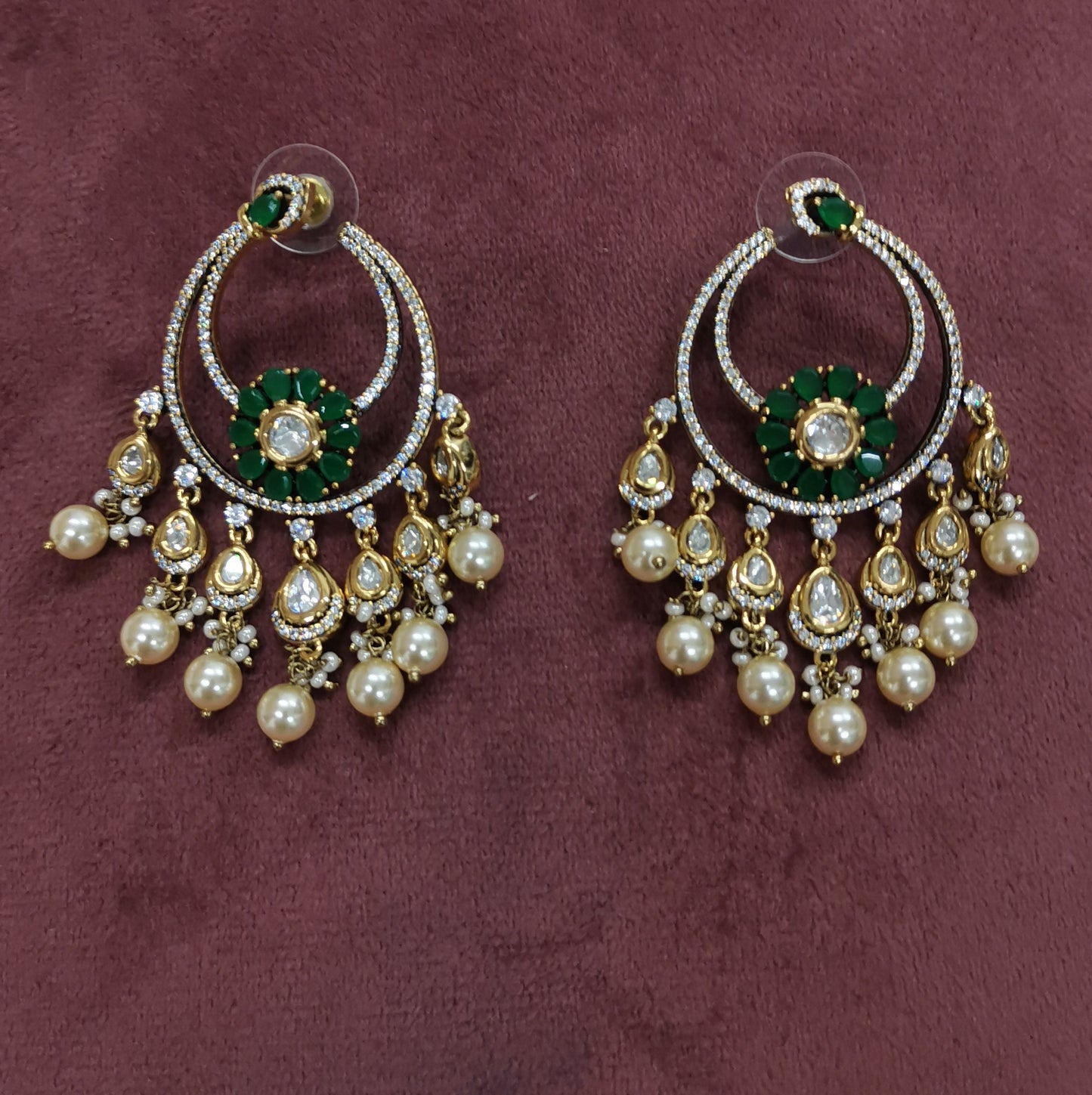Ear25 53s Traditionaldamond earring with pachi kundan and pearl dangles