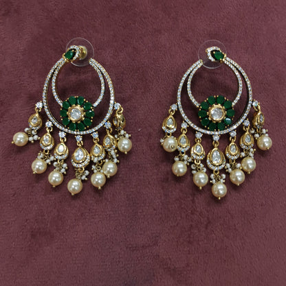 Ear25 53s Traditionaldamond earring with pachi kundan and pearl dangles