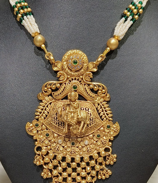 Punisha"s Antique Gold Krishna Temple Jewelry Necklace with Green Beads and Pearls