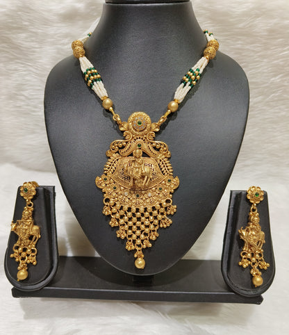 Punisha"s Antique Gold Krishna Temple Jewelry Necklace with Green Beads and Pearls