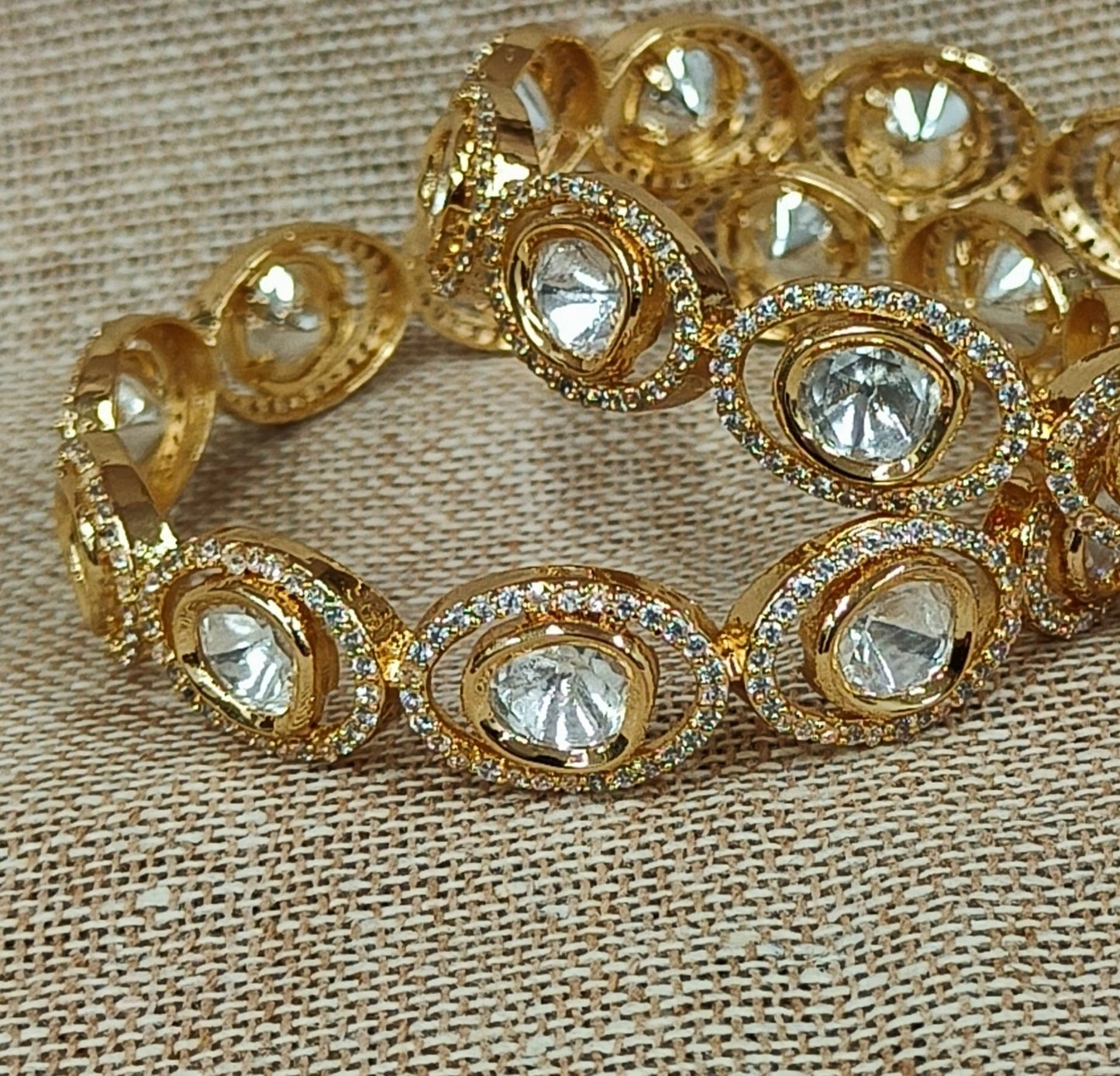 Traditional Gold Bangles with Pachi Kundan and Crystal Embellishments by Punisha Creation