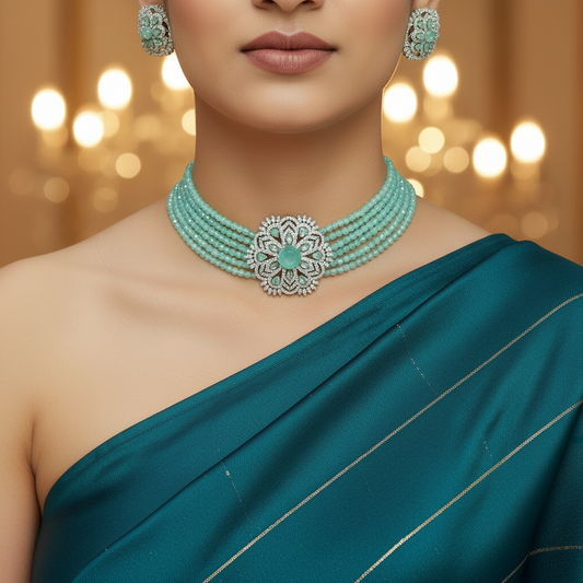 MINT GREEN BEADED DIAMOND CHOKER SET