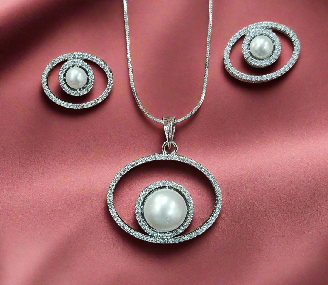 Cpds25 59 Timeless Grace: Rhodium-Plated Pearl Pendant Set