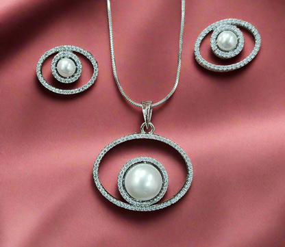 Cpds25 59 Timeless Grace: Rhodium-Plated Pearl Pendant Set
