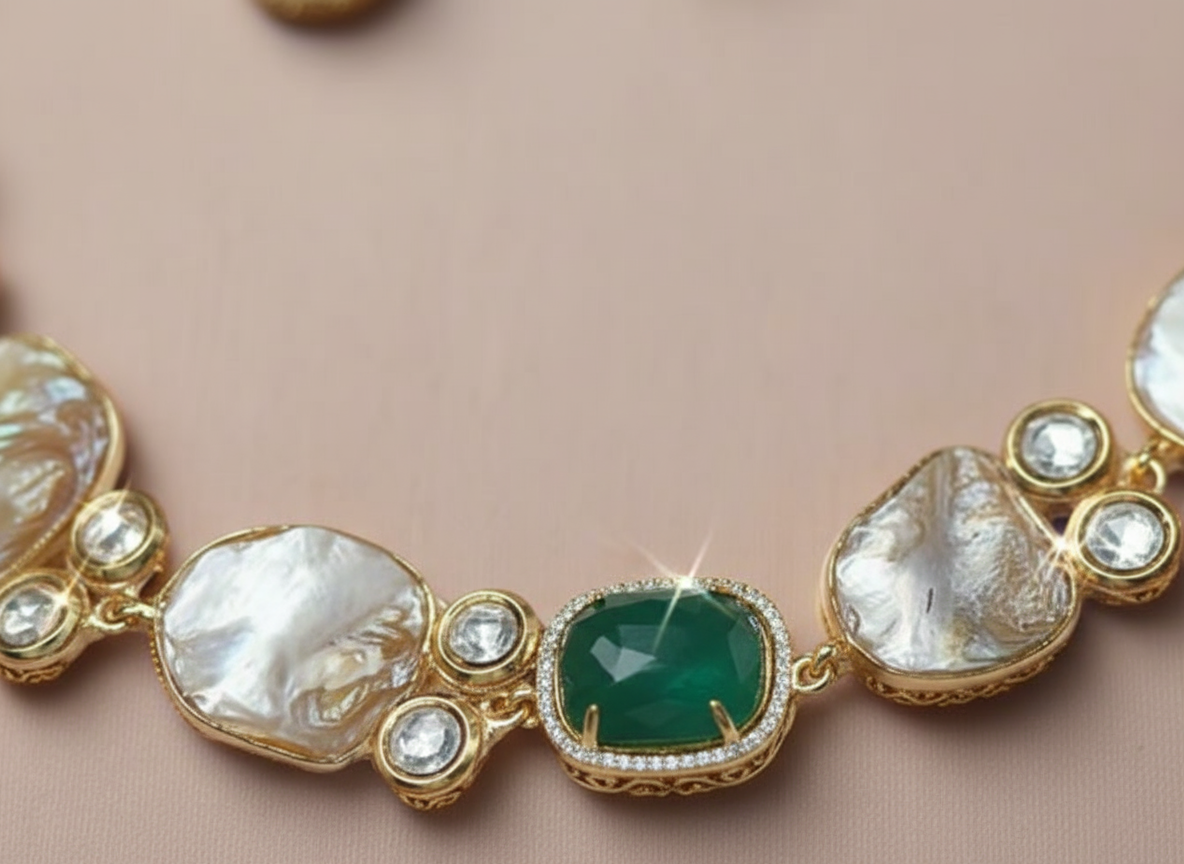 Nck25 268 Contemporary Baroque Pearl & Emerald Green Stone Necklace Set