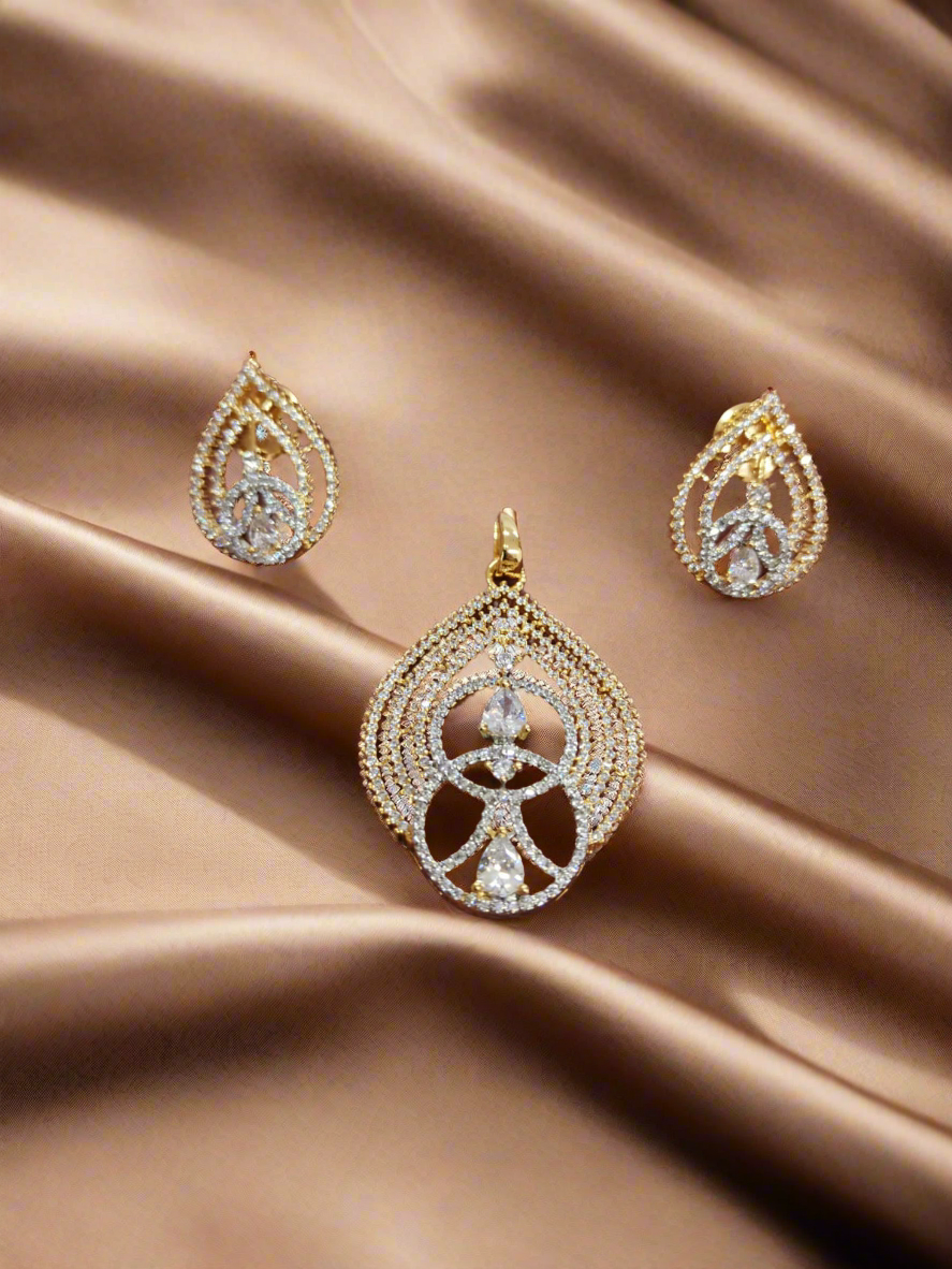 Pds25 58 Luminous Grace: Gold-Plated American Diamond Pendant & Earring Set