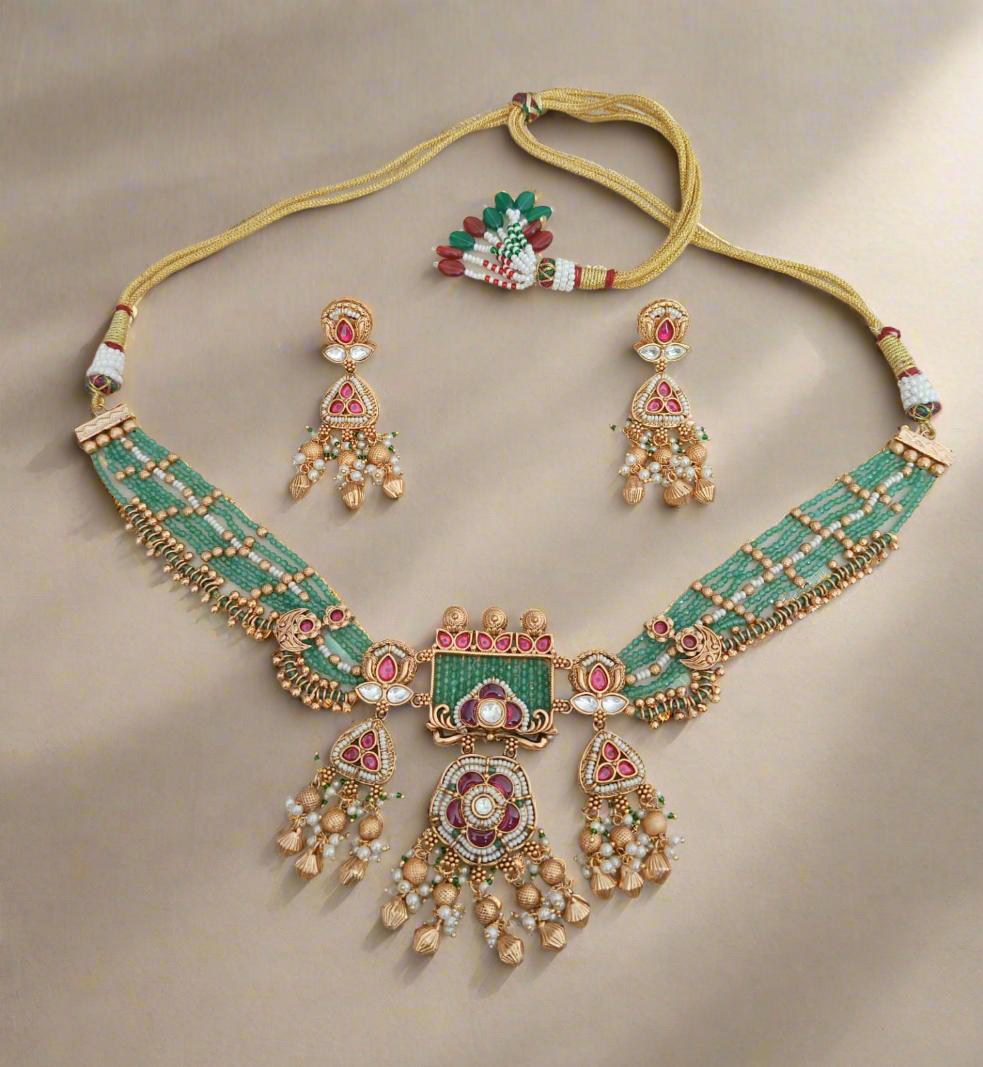 Nck25 266 Ornate Rajwadi Meenakari & Green Bead Heritage Choker Set