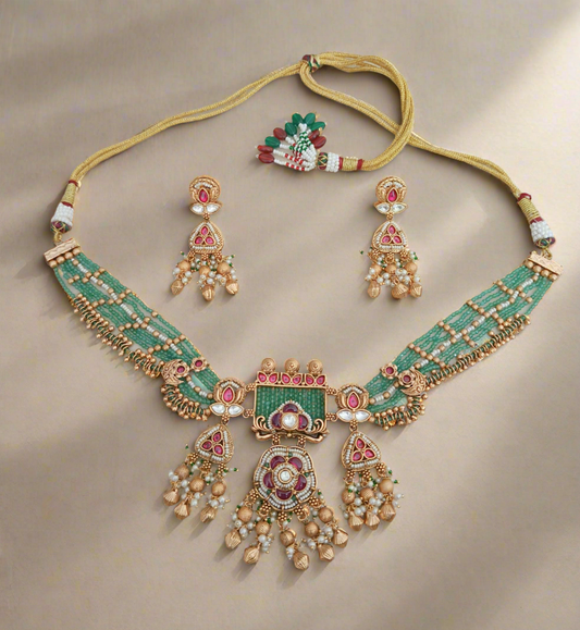 Nck25 266 Ornate Rajwadi Meenakari & Green Bead Heritage Choker Set
