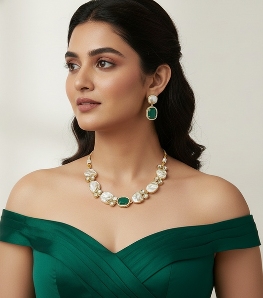 Nck25 268 Contemporary Baroque Pearl & Emerald Green Stone Necklace Set