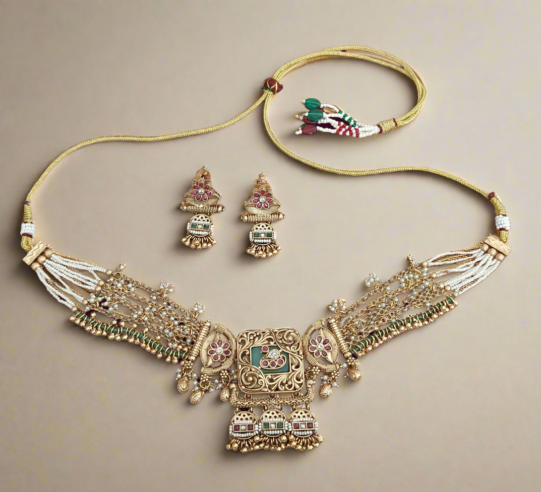 Nck25 267 Majestic Rajwadi Meenakari & Pearl Heritage Choker Set