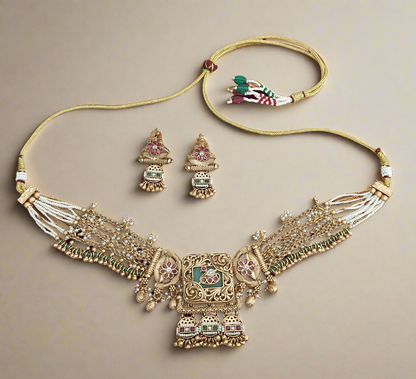 Nck25 267 Majestic Rajwadi Meenakari & Pearl Heritage Choker Set