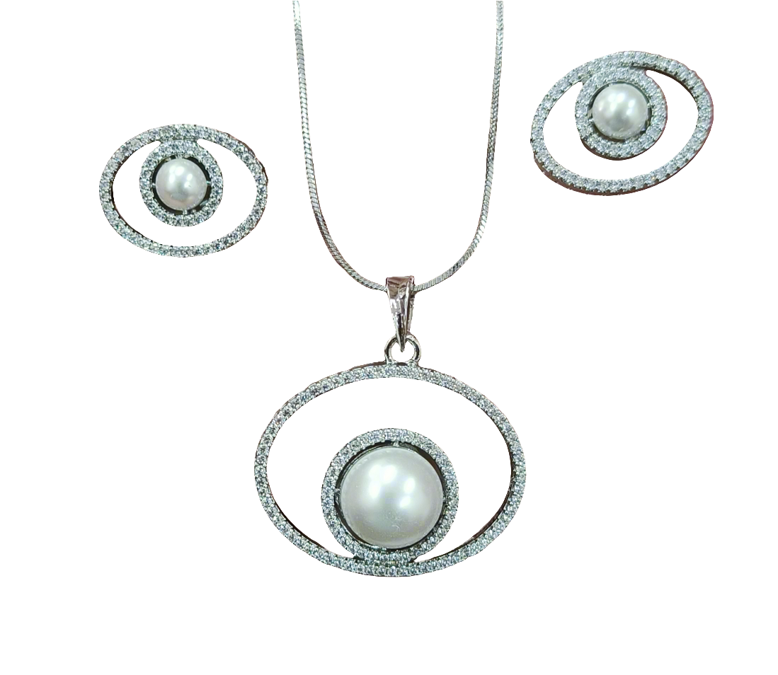 Cpds25 59 Timeless Grace: Rhodium-Plated Pearl Pendant Set